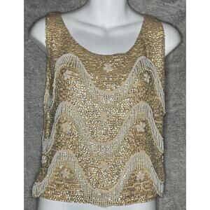 Vintage Jo Ro Imports Beaded Sequin Fringe Top Gold Cream Womens M Festival